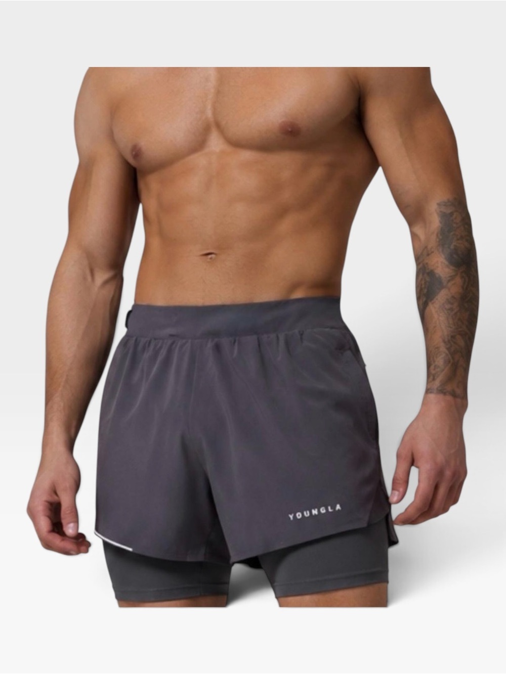 YOUNGLA Men's Dark Grey 2-in-1 Performance Running Training Shorts SMALL